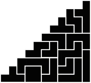 Geometric Complexity: Puzzle Steps A black and white abstract geometric pattern consisting of interlocking rectangles and squares creating a staircase.